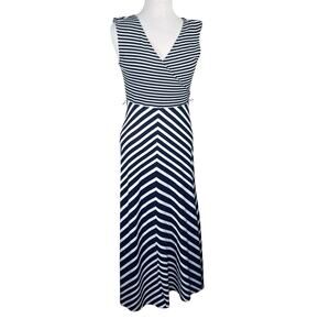 Talbots Navy & White Nautical Striped Stretchy Cotton Blend Maxi Dress Medium